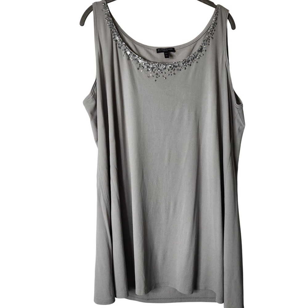 Eileen Fisher Woman Gray 100% Silk Sequin Scoop Neck Tank Top 2X Silver Holiday